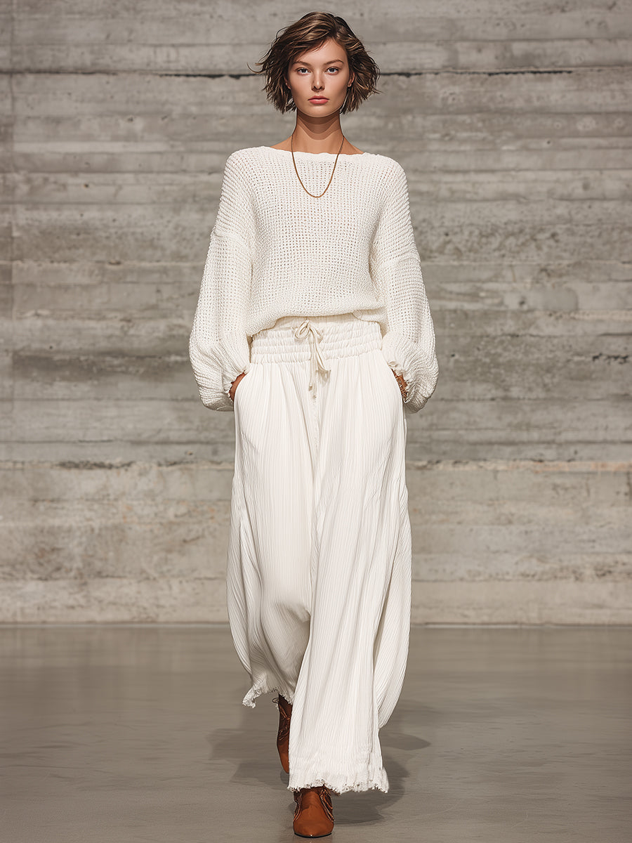 Pantalón Ancho Retro Blanco con Cinturilla Elástica