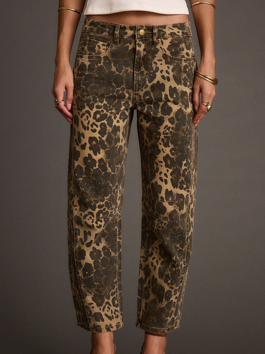 Vaqueros Retro Western con Estampado Leopardo Corte Barril