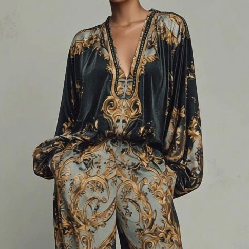 Conjunto Retro con Estampado Barroco Escote en V Profundo