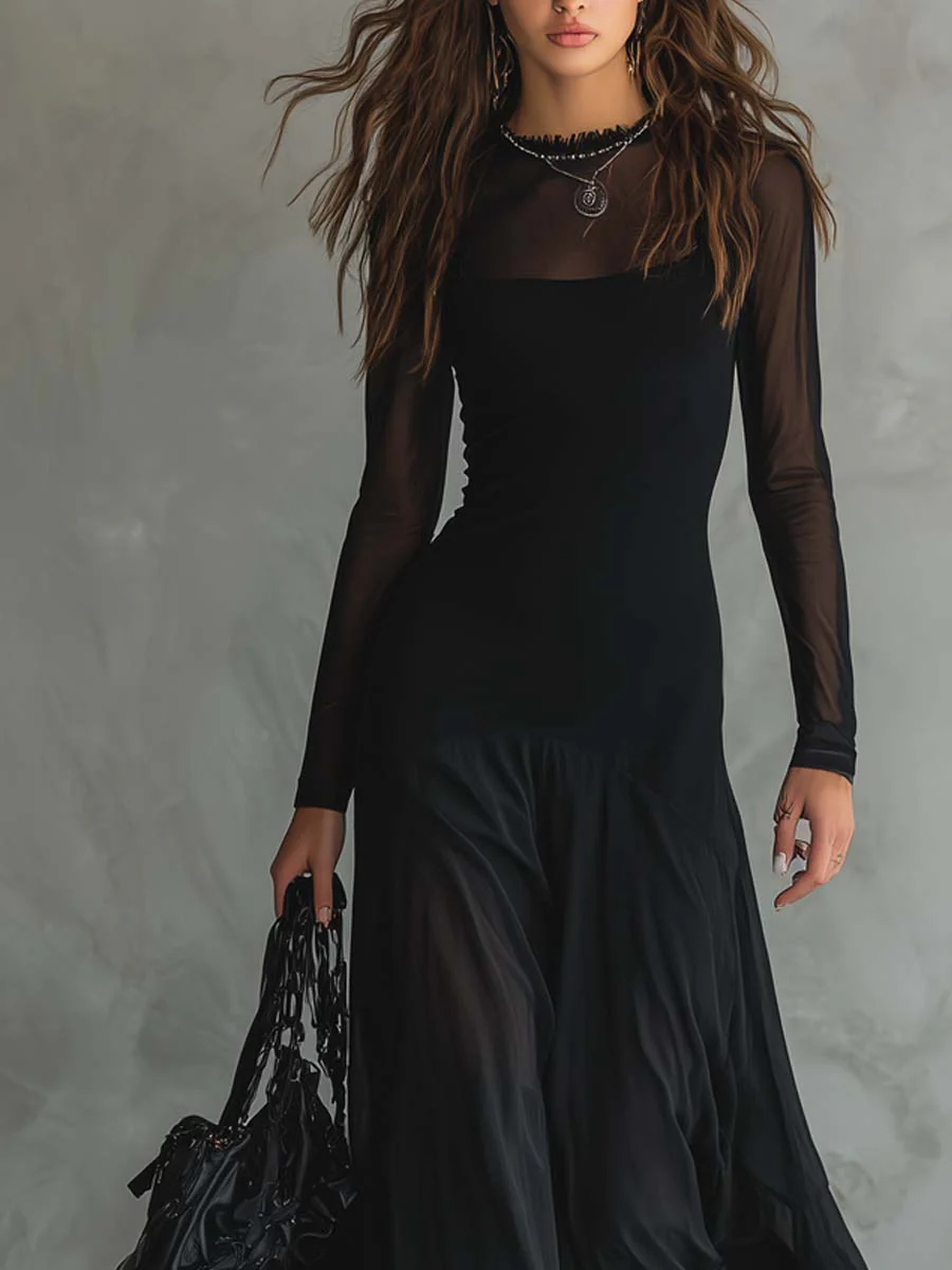 Vestido Maxi Negro de Tul con Detalle Patchwork
