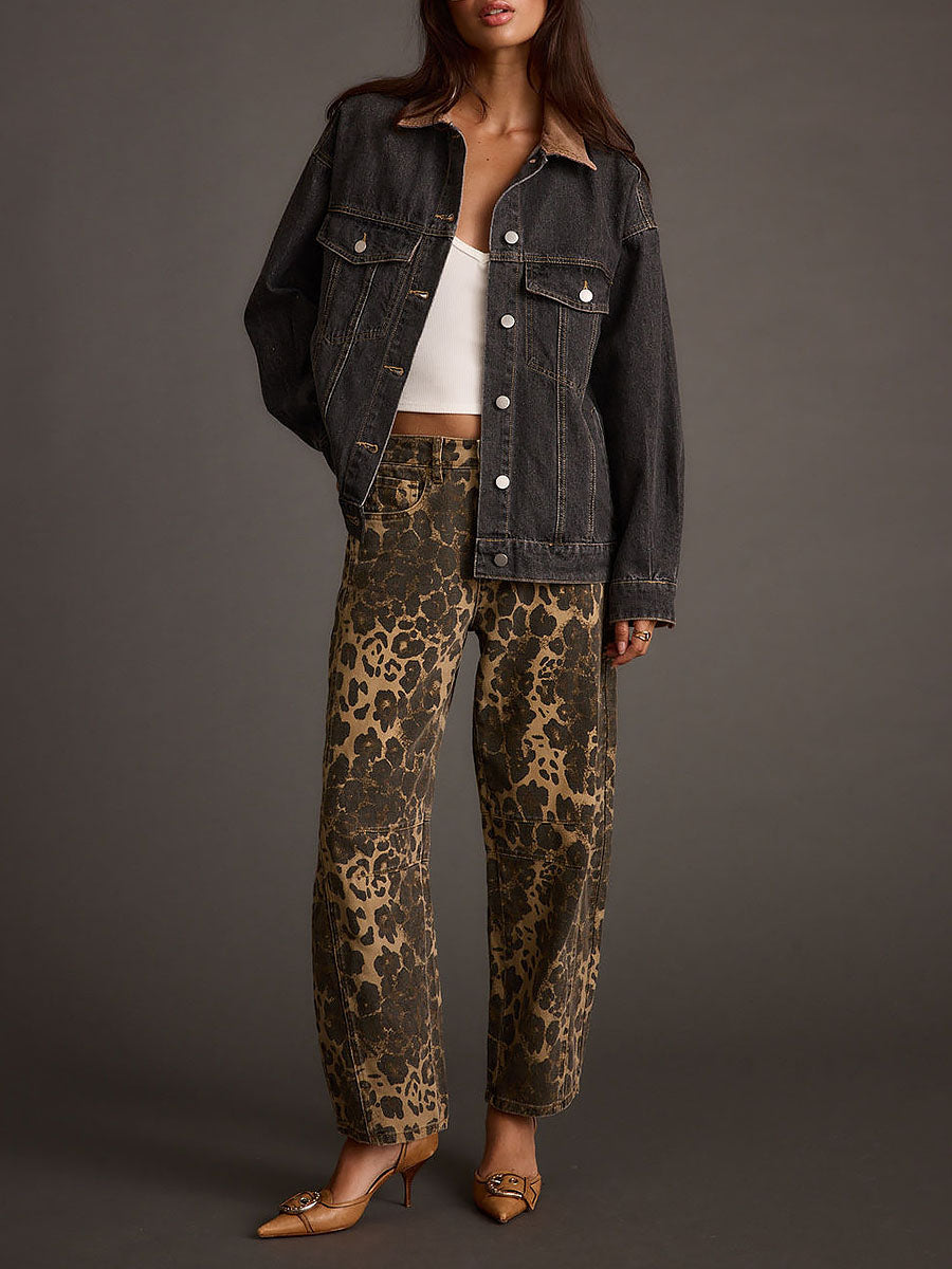 Vaqueros Retro Western con Estampado Leopardo Corte Barril