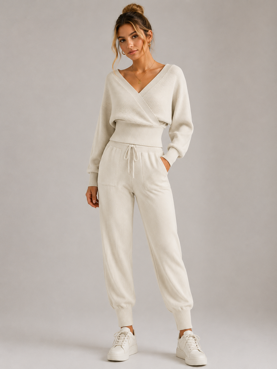 Conjunto de Punto Acanalado con Top Cruzado y Pantalón Jogger