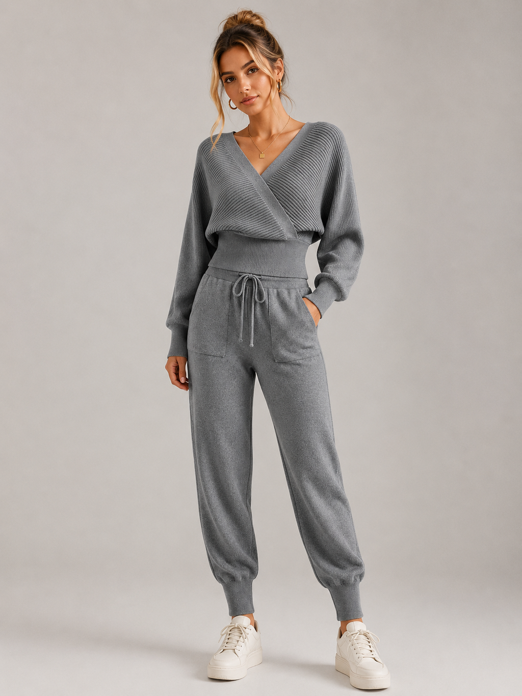 Conjunto de Punto Acanalado con Top Cruzado y Pantalón Jogger
