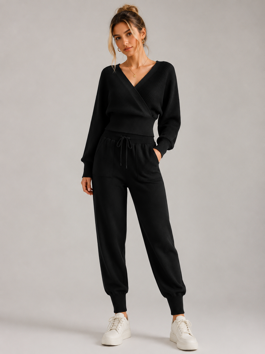 Conjunto de Punto Acanalado con Top Cruzado y Pantalón Jogger