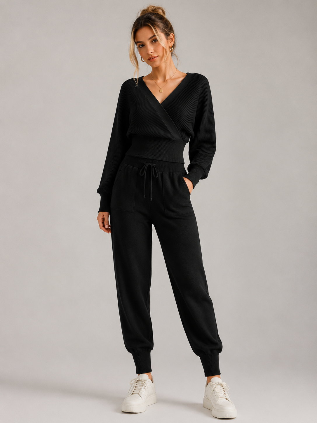 Conjunto de Punto Acanalado con Top Cruzado y Pantalón Jogger