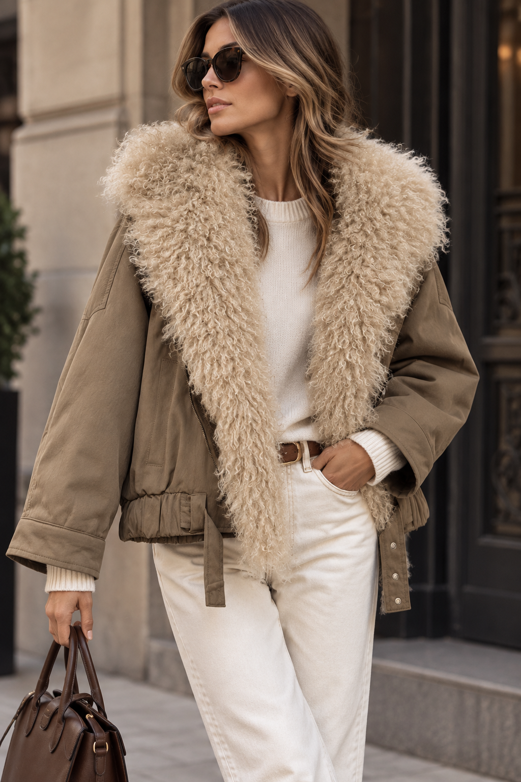 Chaqueta Oversize con Cuello de Pelo Rizado