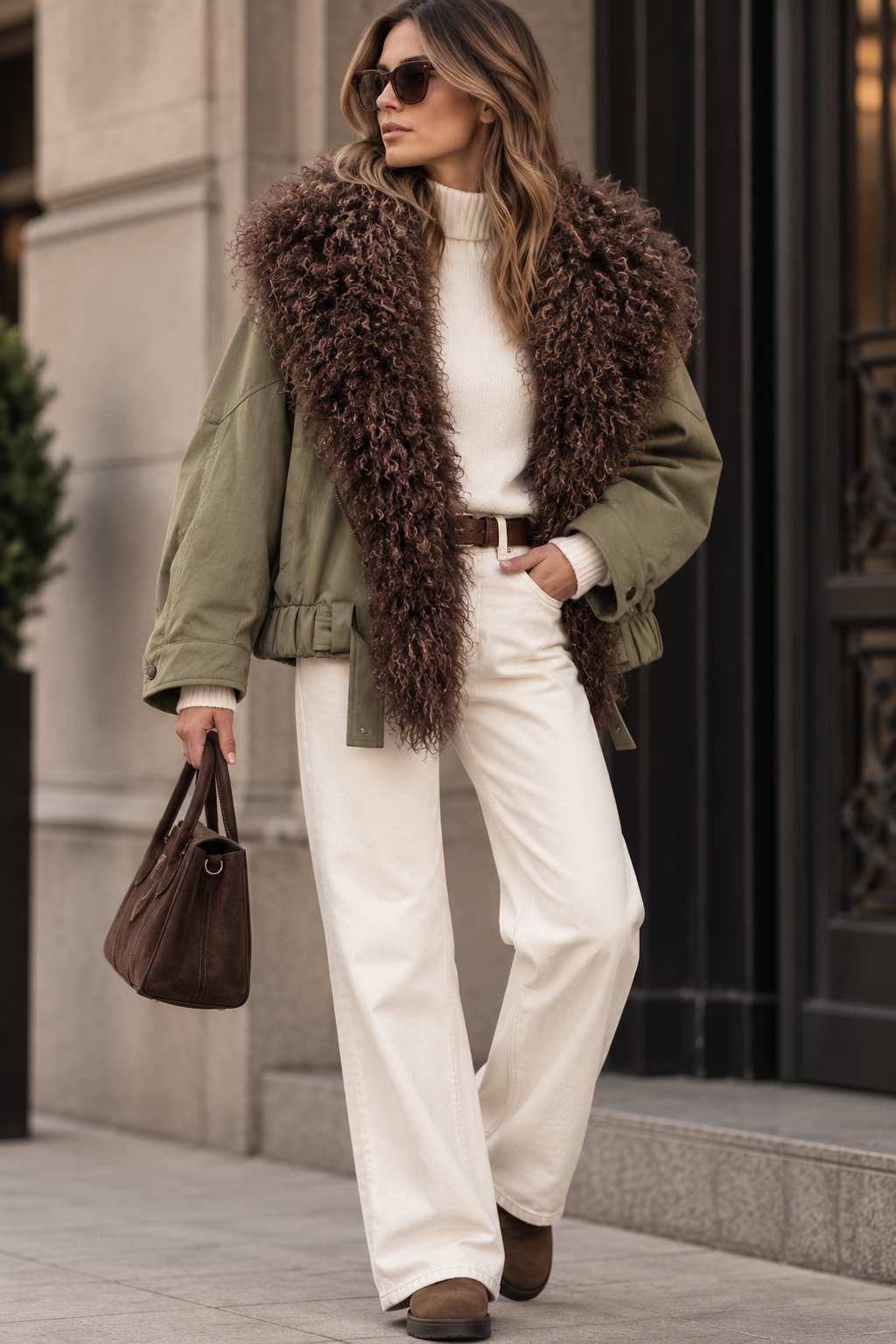 Chaqueta Oversize con Cuello de Pelo Rizado