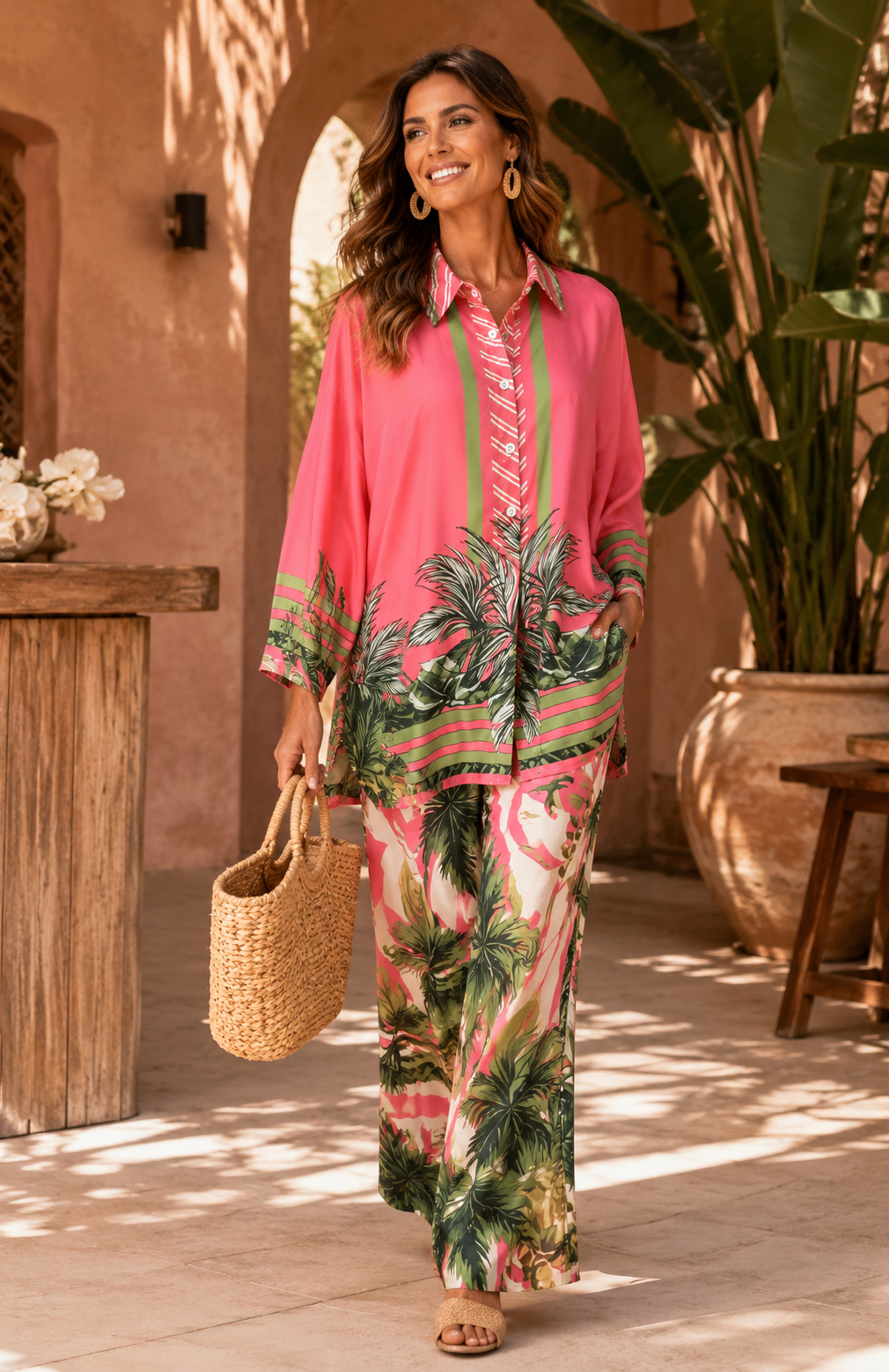 Conjunto Tropical Camisa Oversize y Pantalón Fluido Palma