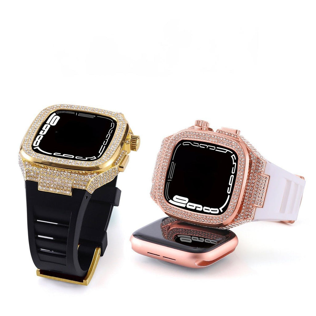 Carcasa completa brillante para Apple Watch, correa de silicona con strass, compatible 44/45/46mm, modelo Svara