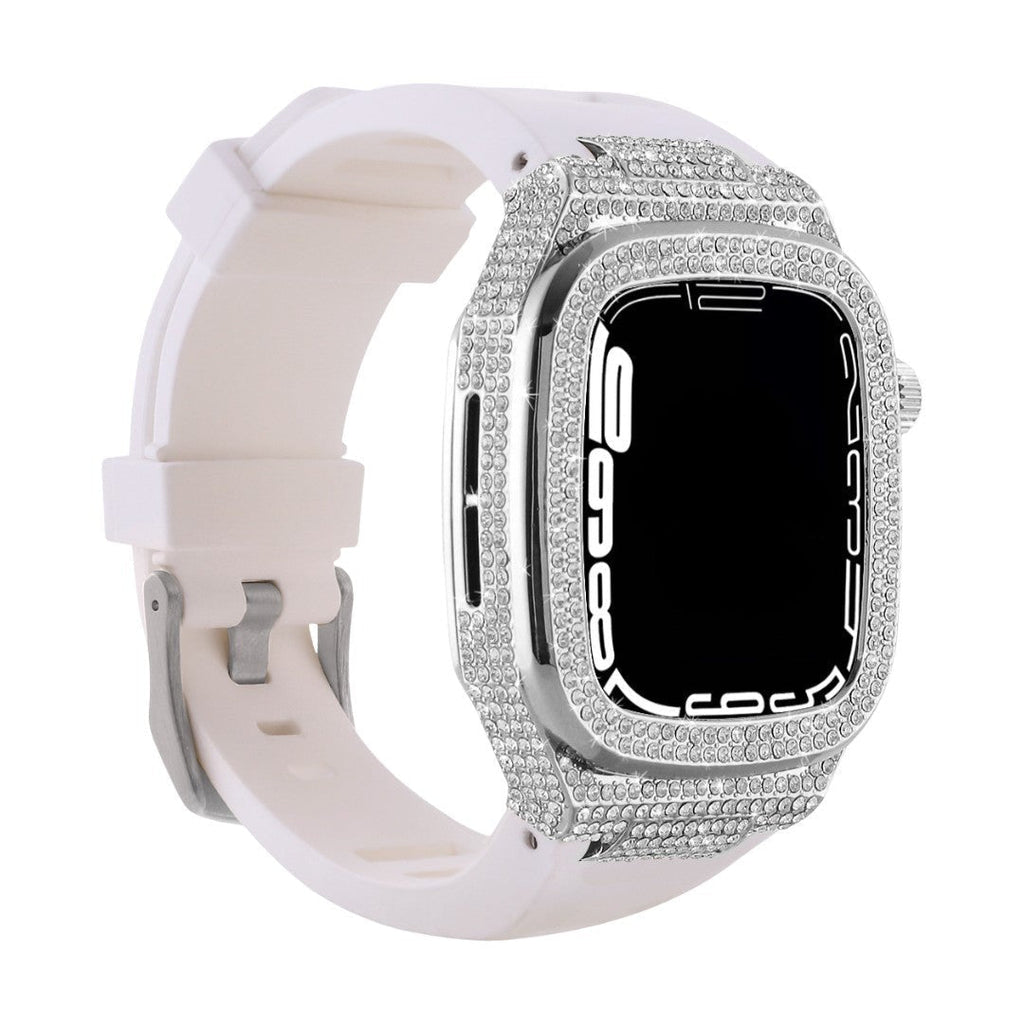Carcasa completa brillante para Apple Watch, correa de silicona con strass, compatible 44/45/46mm, modelo Svara