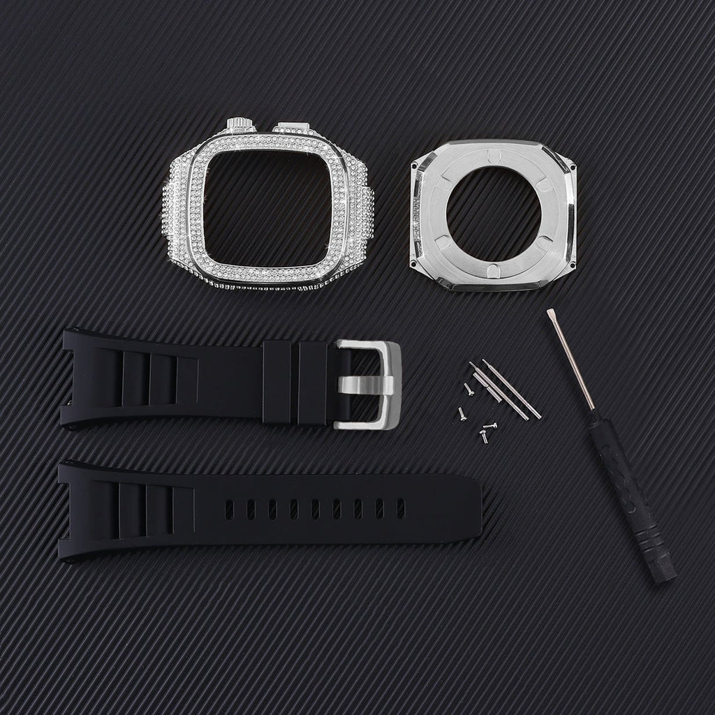 Carcasa completa brillante para Apple Watch, correa de silicona con strass, compatible 44/45/46mm, modelo Svara