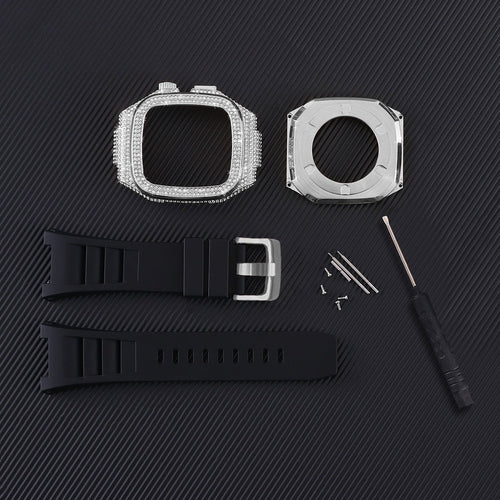 Carcasa completa brillante para Apple Watch, correa de silicona con strass, compatible 44/45/46mm, modelo Svara - LOVRA DESIGN