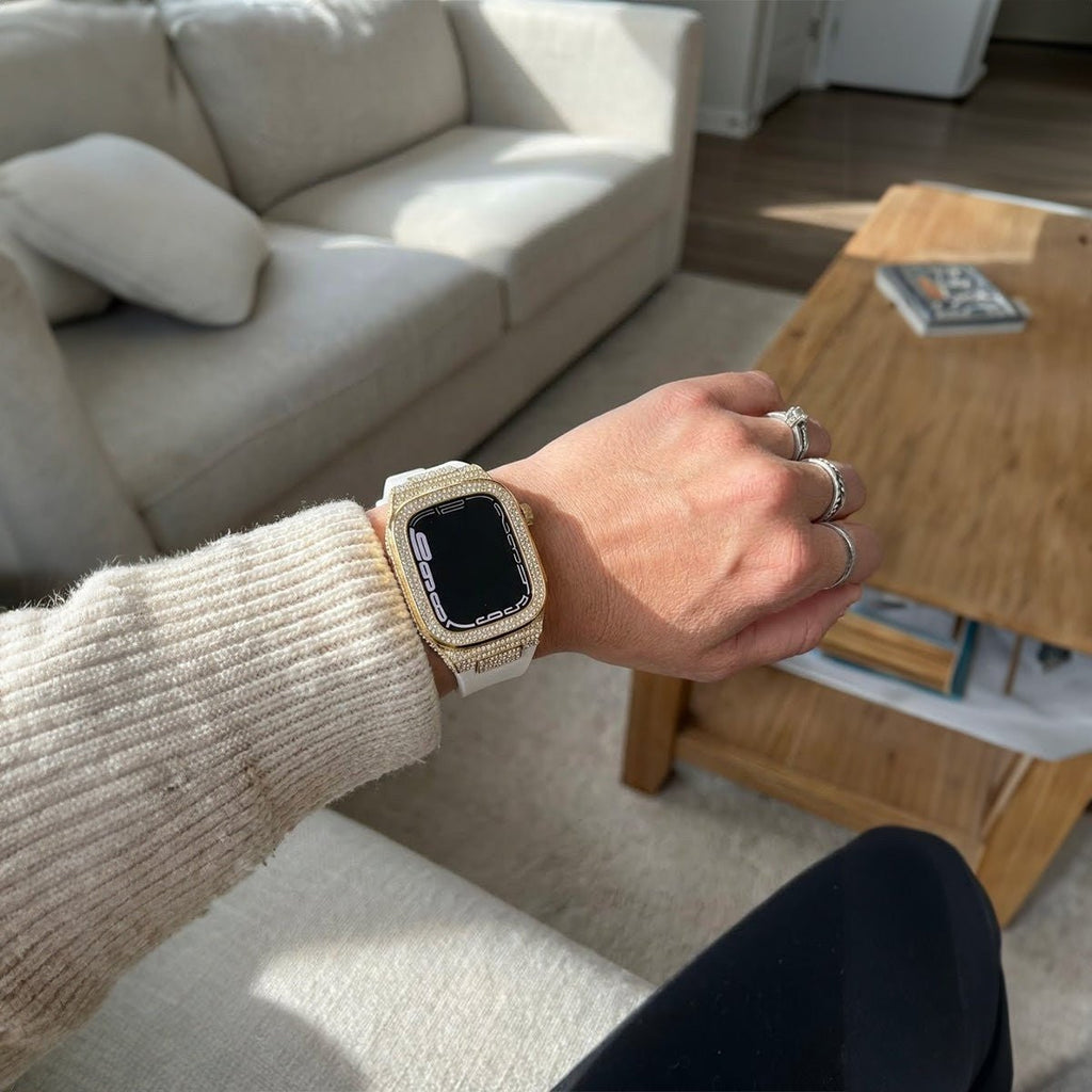 Carcasa completa brillante para Apple Watch, correa de silicona con strass, compatible 44/45/46mm, modelo Svara