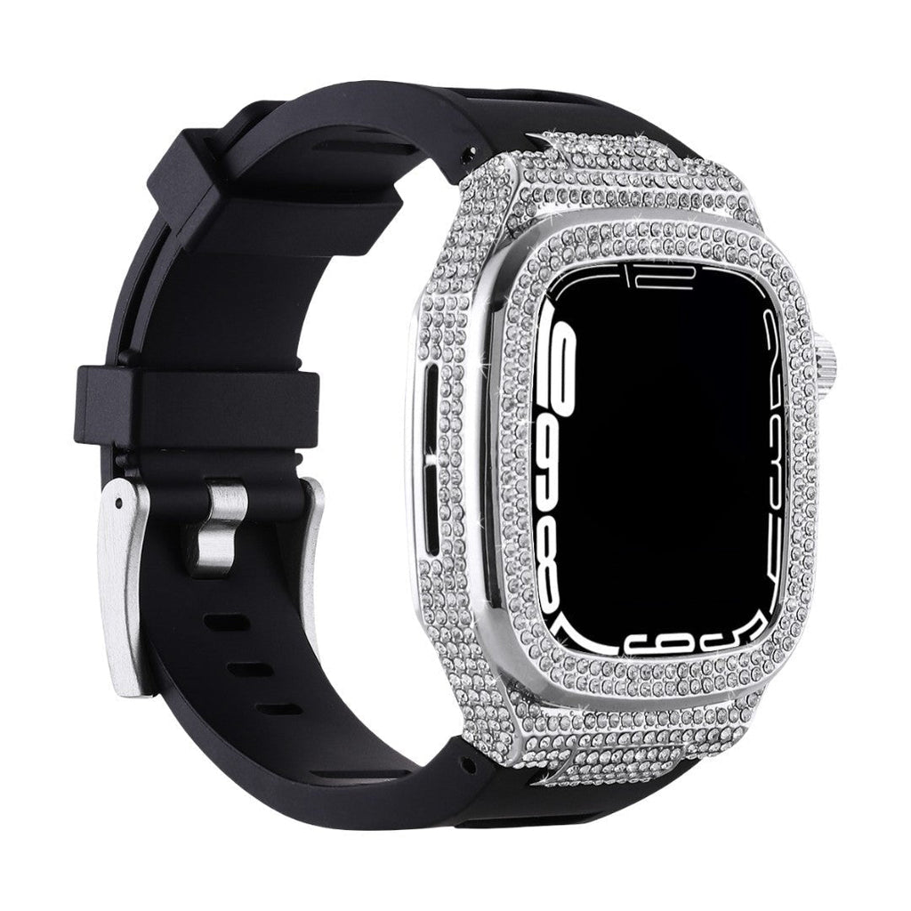 Carcasa completa brillante para Apple Watch, correa de silicona con strass, compatible 44/45/46mm, modelo Svara