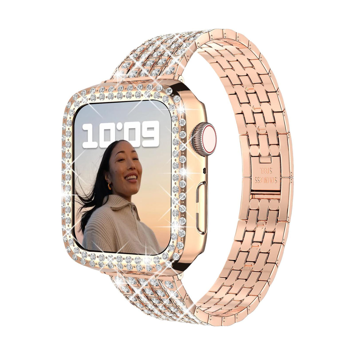 Correa y carcasa Apple Watch de acero inoxidable, eslabones con pedrería engastada, para mujer, modelo Fida