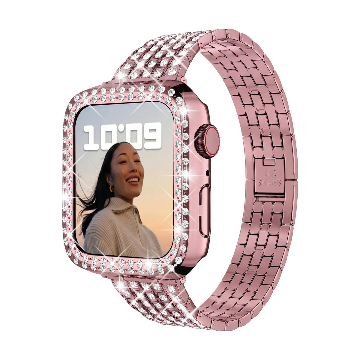 Correa y carcasa Apple Watch de acero inoxidable, eslabones con pedrería engastada, para mujer, modelo Fida