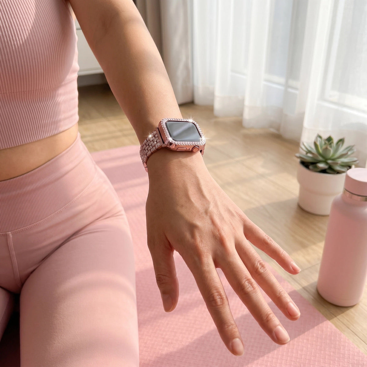 Correa y carcasa Apple Watch de acero inoxidable, eslabones con pedrería engastada, para mujer, modelo Fida