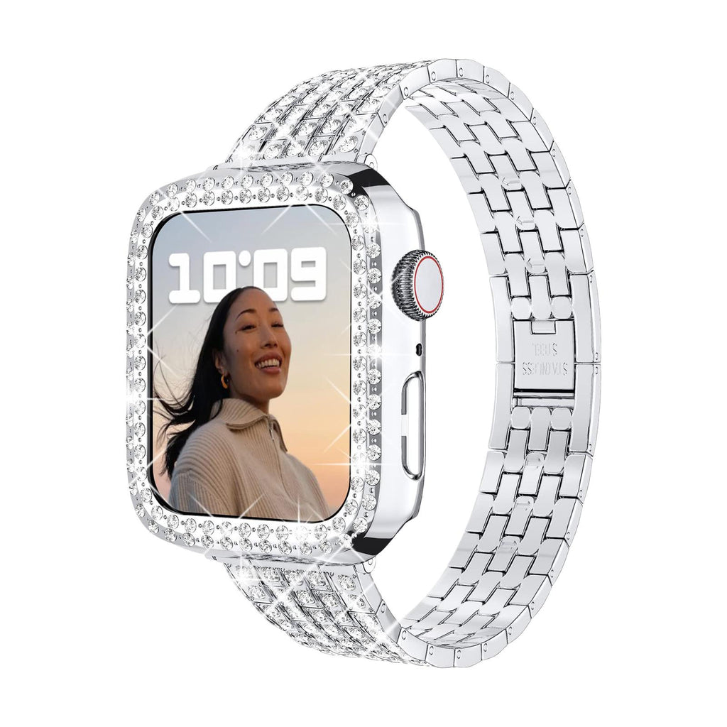 Correa y carcasa Apple Watch de acero inoxidable, eslabones con pedrería engastada, para mujer, modelo Fida