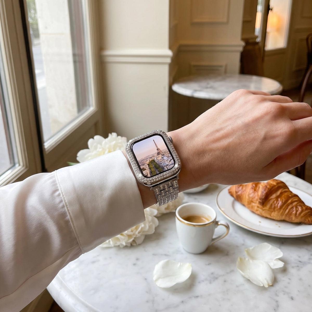Correa y carcasa Apple Watch de acero inoxidable, eslabones con pedrería engastada, para mujer, modelo Fida