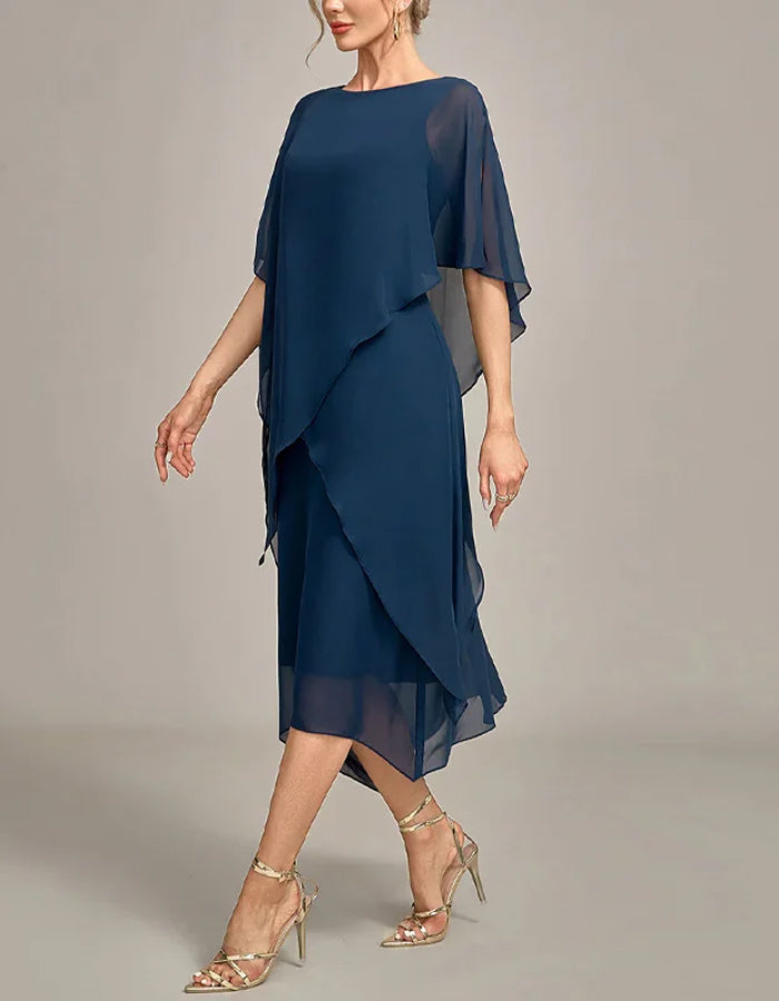 Dark Blue Round Neck Chiffon Midi Dress
