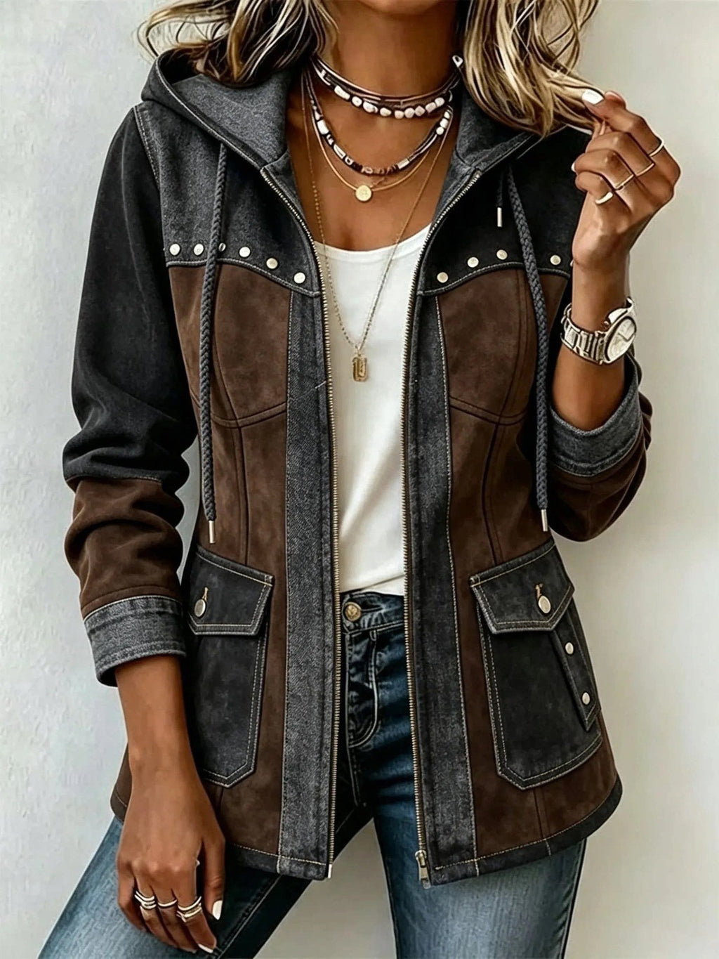 Kapuzenjacke in Marine und Camel
