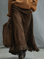 Falda Vintage Casual de Ante Marrón Cacao con Flecos