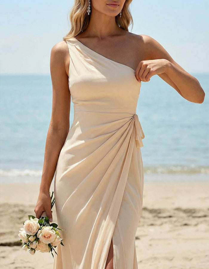 Apricot Fitted One Shoulder Long Pleated Slit Bridesmaid Dress