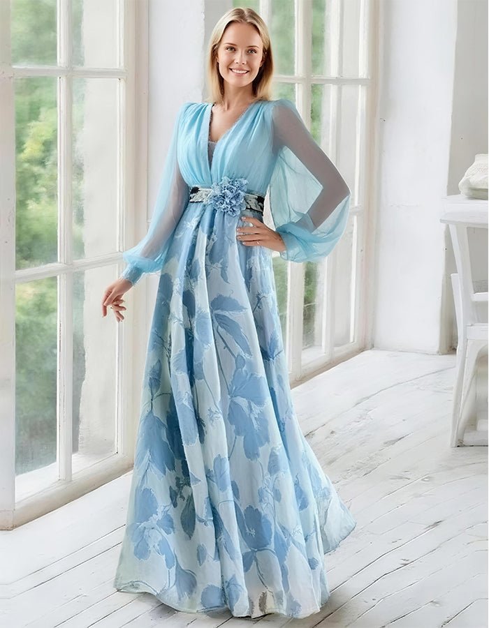 Vestido largo de gasa con falda estampada floral y mangas obispo transparentes - LOVRA DESIGN