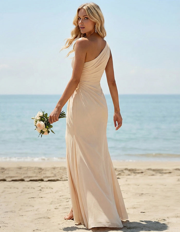 Apricot Fitted One Shoulder Long Pleated Slit Bridesmaid Dress