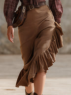 Falda Western Vintage de Pana Marrón con Volantes en Sesgo