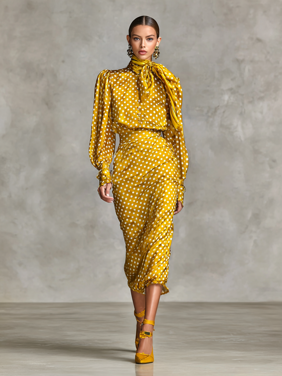 Vintage Polka Dot Satin Shirt and Skirt Set