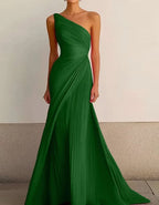 One Shoulder Pleated Solid Color Maxi Dress