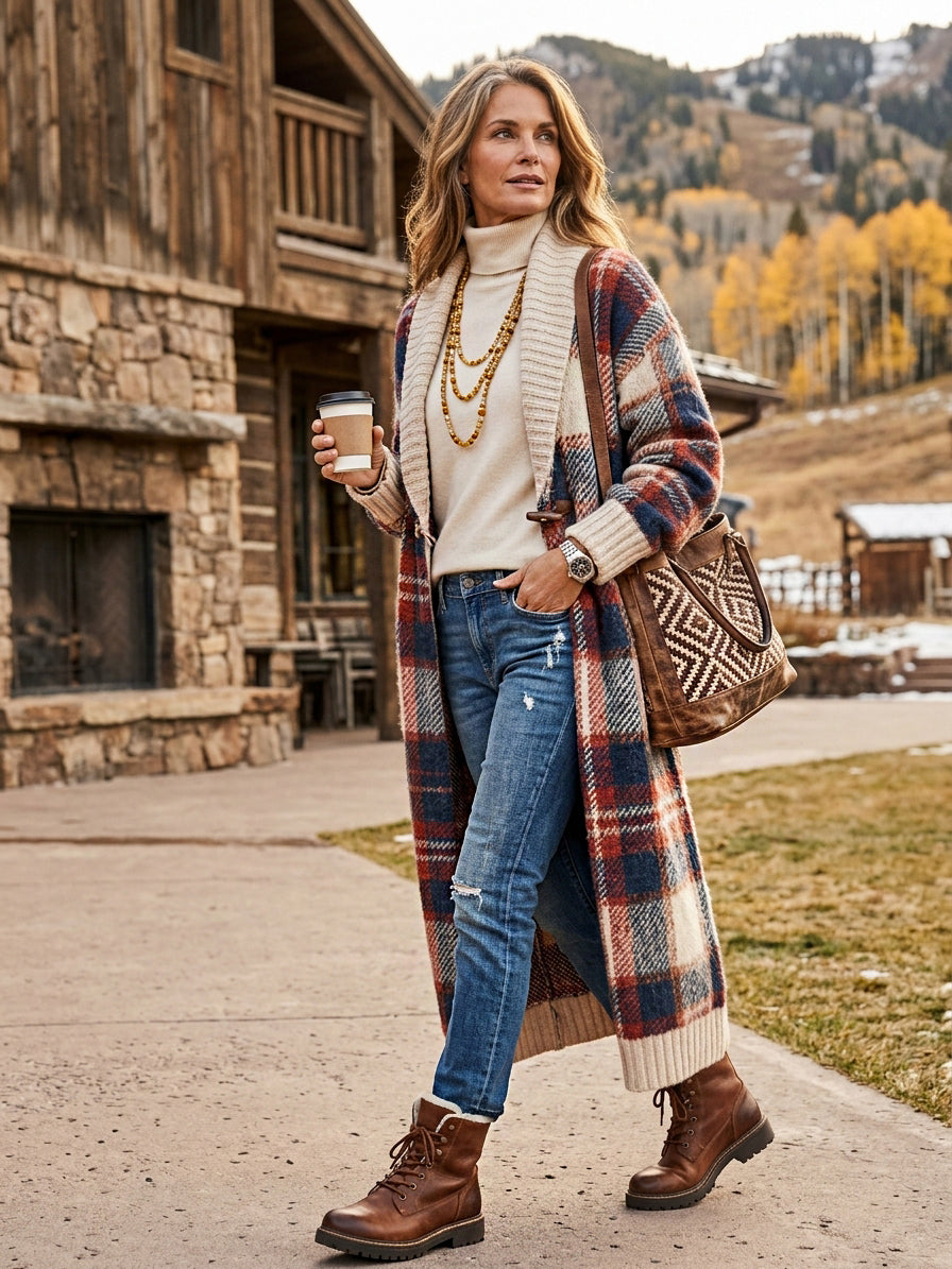 Chaqueta de punto jacquard de cuadros con cuello chal y trencas
