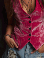 Chaleco Retro Boho de Terciopelo Rosa Intenso