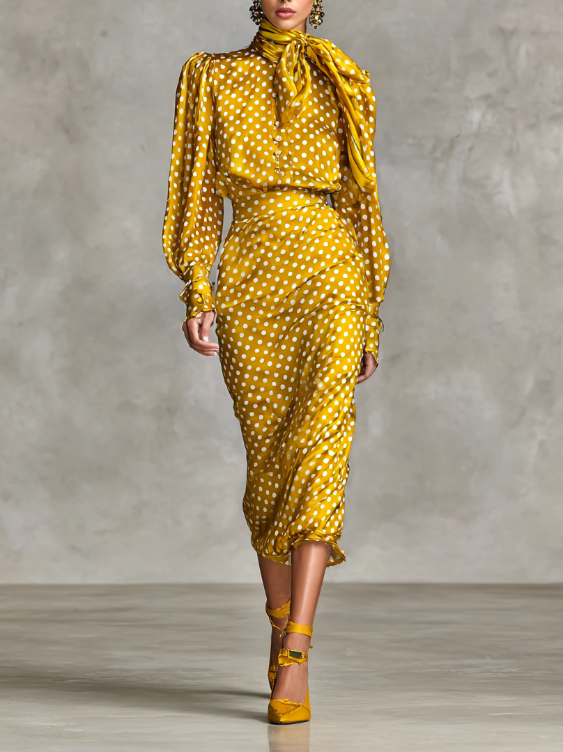 Vintage Polka Dot Satin Shirt and Skirt Set