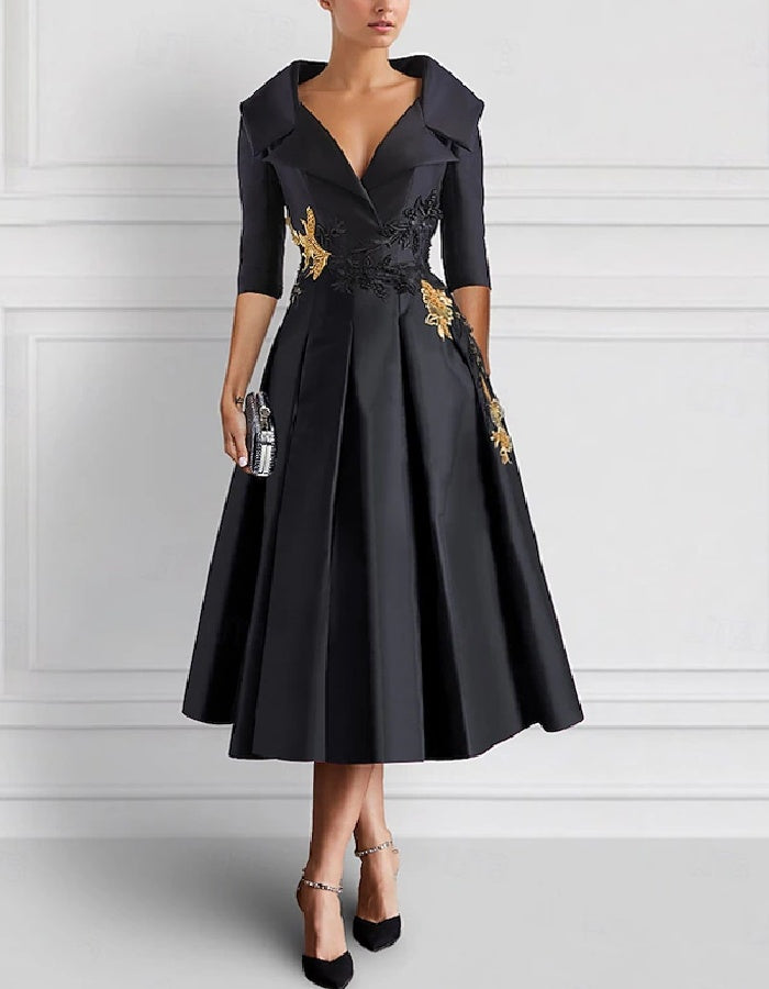 Elegant Satin Midi Dress with Embroidered Floral Appliqué and Folded Lapel Neckline