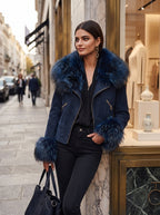 Chaqueta corta de antelina con ribete de pelo