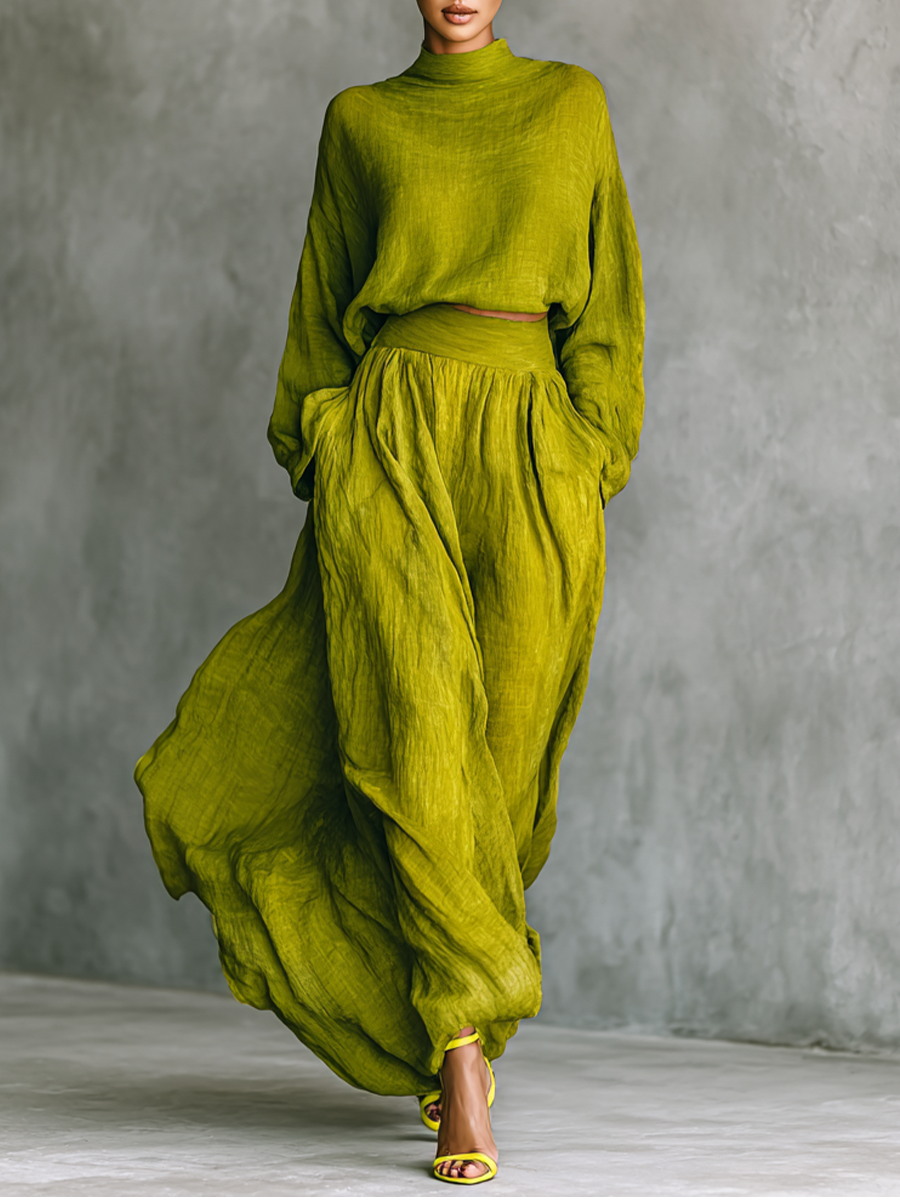 Conjunto Top Verde con Cuello Alto y Falda Maxi