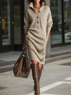 Vestido Holgado de Punto con Cuello Mao y Manga Larga