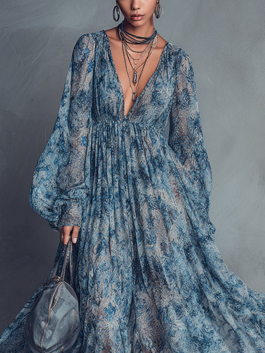 Vestido largo boho de gasa con flores azules y manga farol