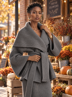 Chaqueta de punto gris con cuello chal y cinturón