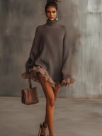 Vestido de Punto Marrón con Cuello Alto y Bajo con Volantes