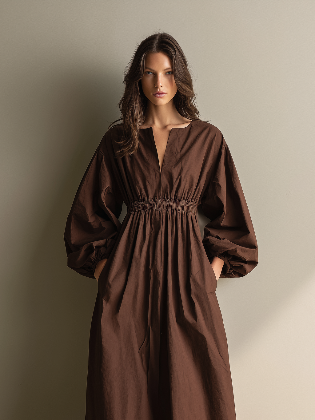 Vestido largo de algodón y lino marrón con escote en V y cintura elástica