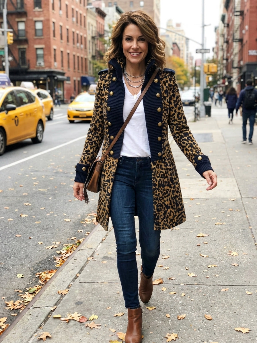 Chaqueta de punto vintage estilo napoleón con leopardo y bloques de color