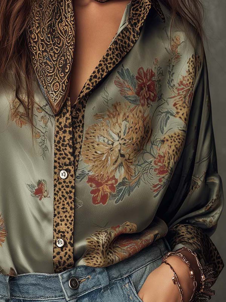 Camisa de Satén con Flores y Ribete de Leopardo