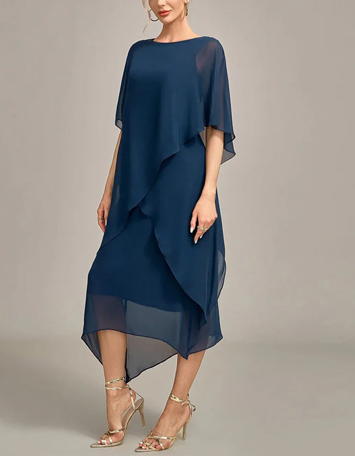 Dark Blue Round Neck Chiffon Midi Dress