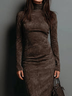 High-Neck Long-Sleeved Suede Midi Dress