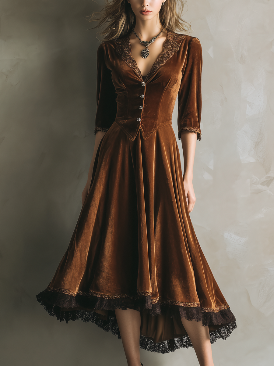Vintage Velvet Midi Dress with ¾ Sleeve and Lace Trim