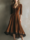 Vintage Velvet Midi Dress with ¾ Sleeve and Lace Trim
