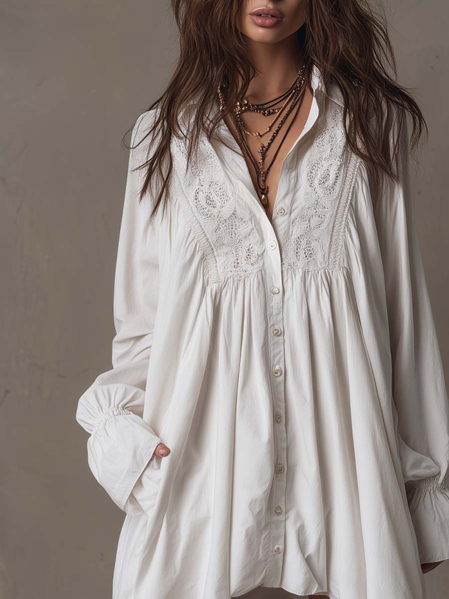 Vestido Mini Retro de Encaje con Bajo Irregular y Manga Larga